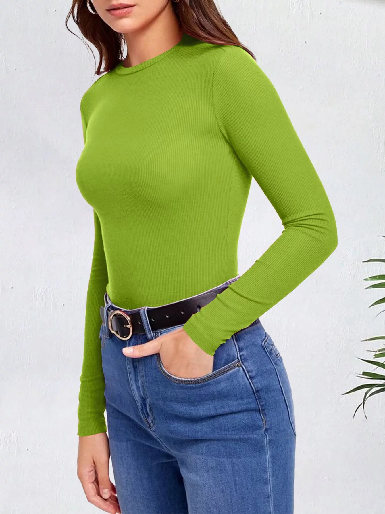 Ribbed Top Crew Neck Long Sleeve – Green