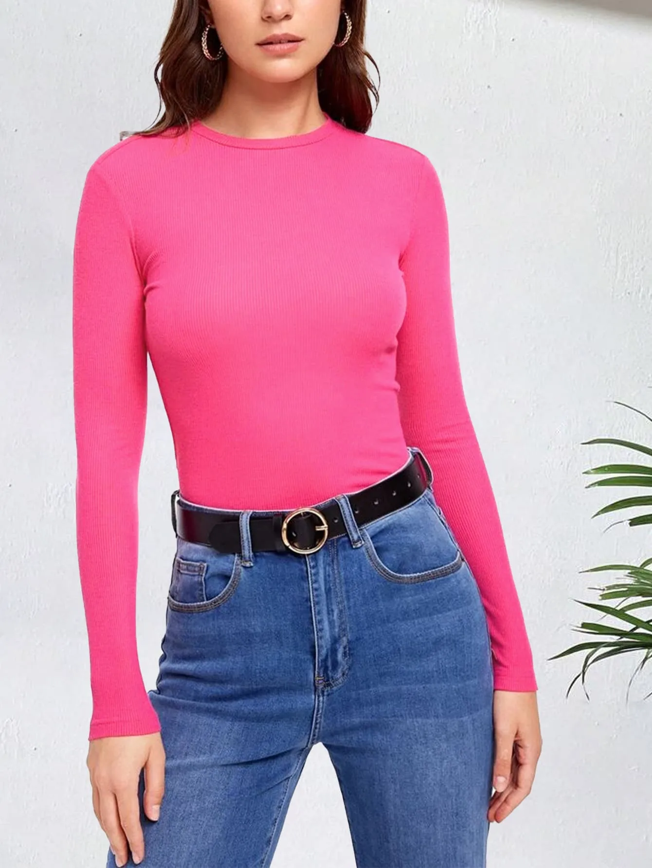 Ribbed Top Crew Neck Long Sleeve – Fuchsia