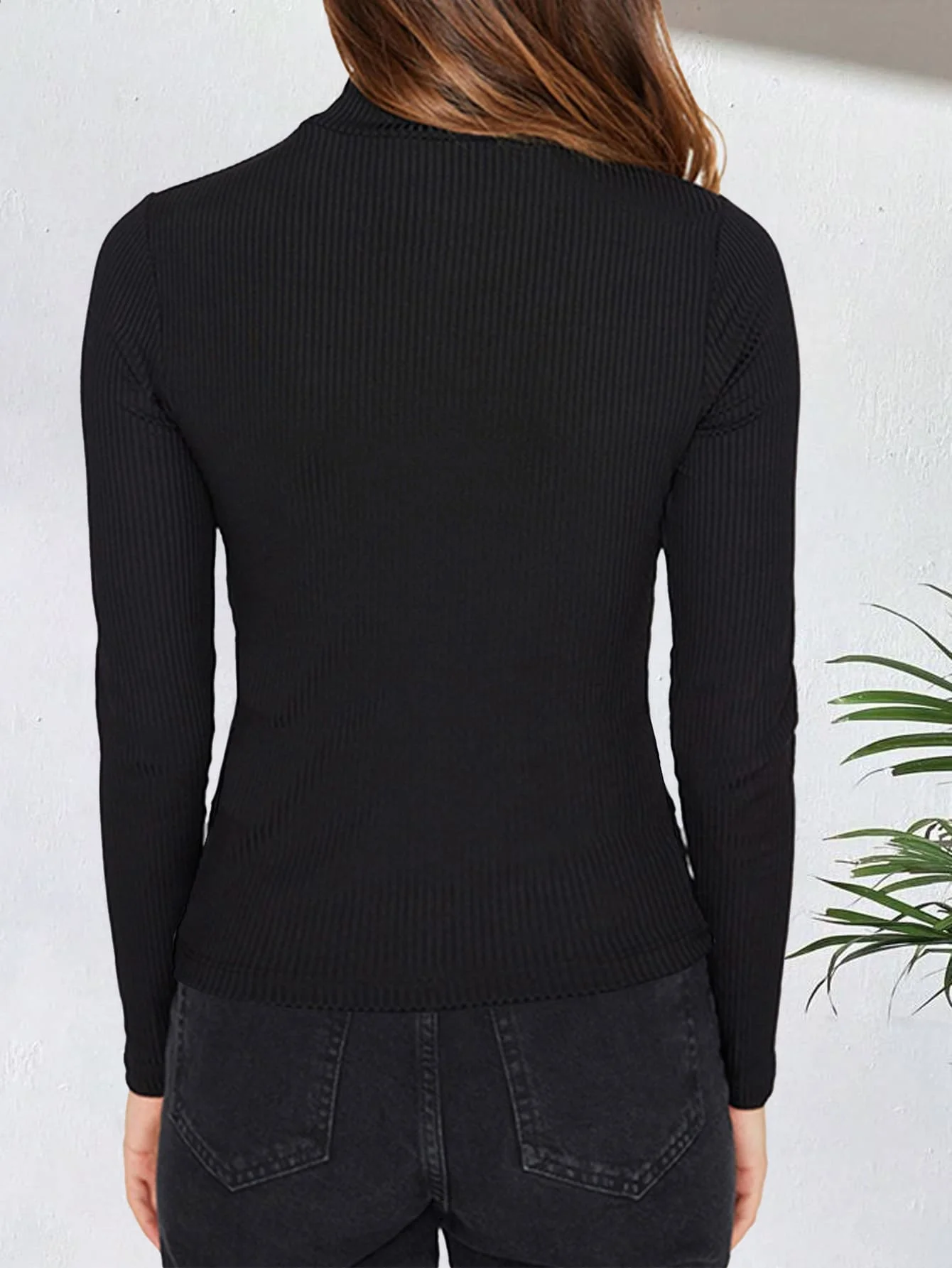 Ribbed Long sleeve Top – Mock neck – Black