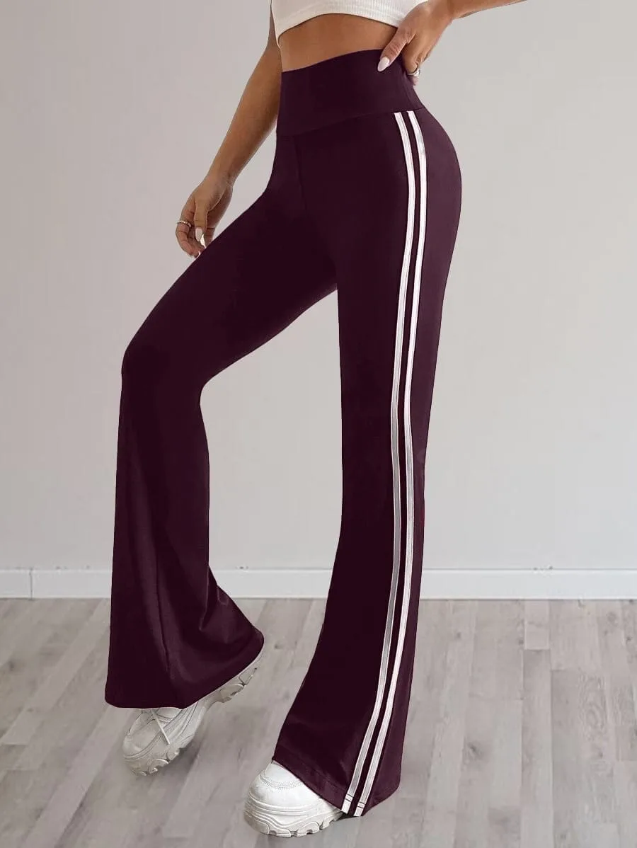 Sport Leggings Pants – Flared Leg – Side Stripe – Eggplant