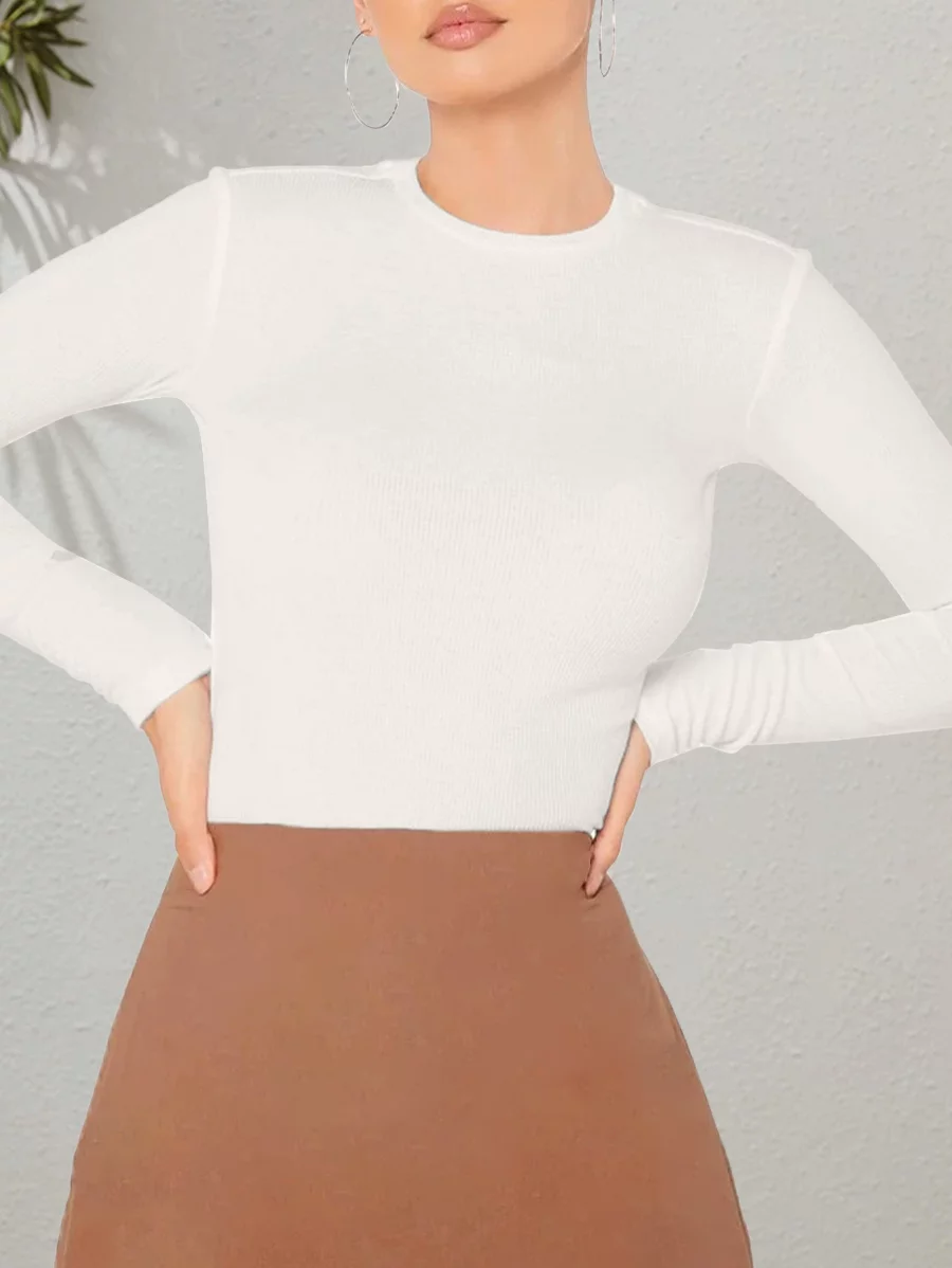 Ribbed Top Crew Neck Long Sleeve – Off White