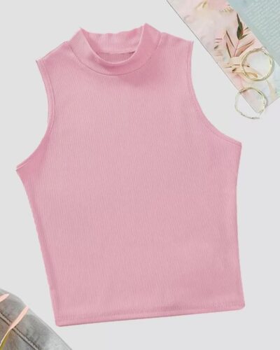 Rib Knit Crop Tank Top Mock Neck – Pink
