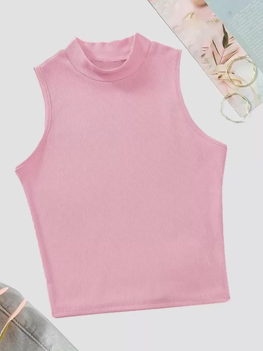 Rib Knit Crop Tank Top Mock Neck – Pink