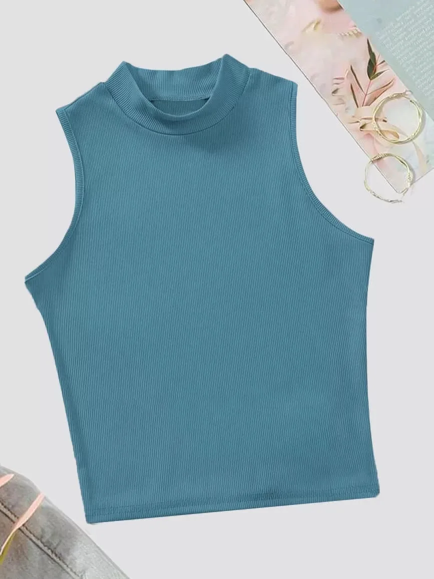 Rib Knit Crop Tank Top Mock Neck – Teal Blue