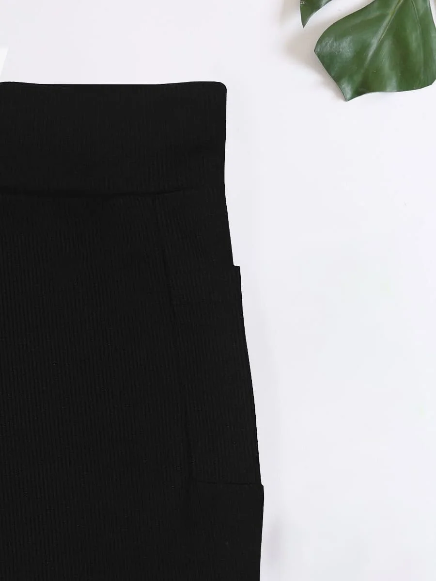 Ribbed Knit Flare Pants With Pocket – Black