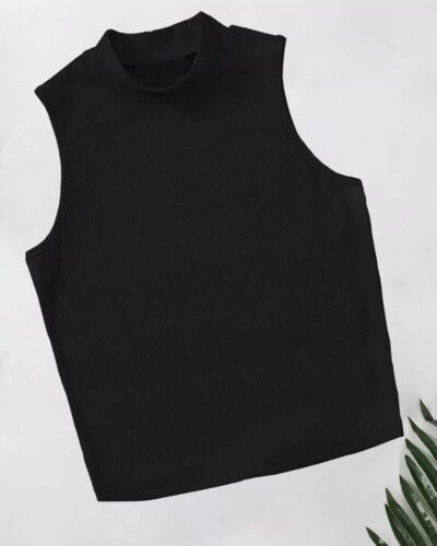 Rib Knit Crop Tank Top Mock Neck – Black