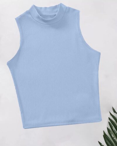 Rib Knit Crop Tank Top Mock Neck – Baby Blue