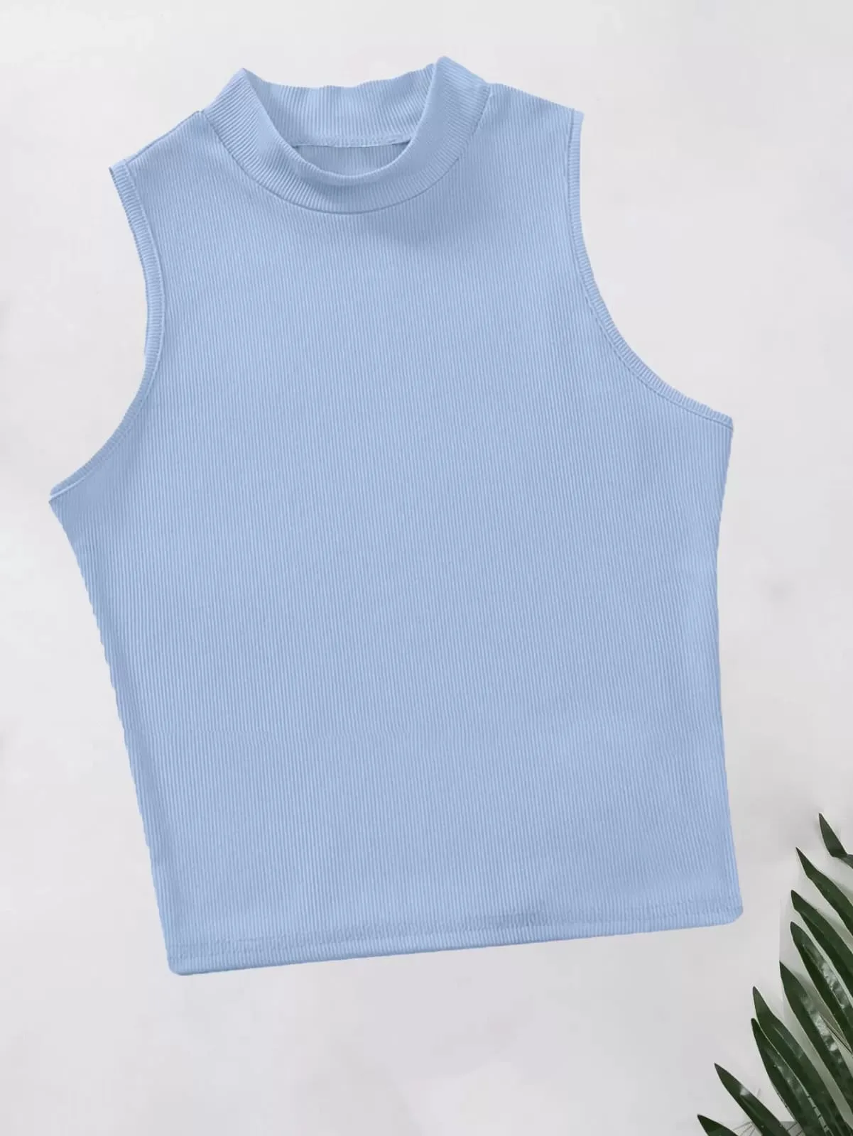 Rib Knit Crop Tank Top Mock Neck – Baby Blue