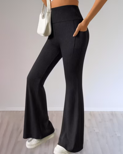 Ribbed Knit Flare Pants With Pocket – Black