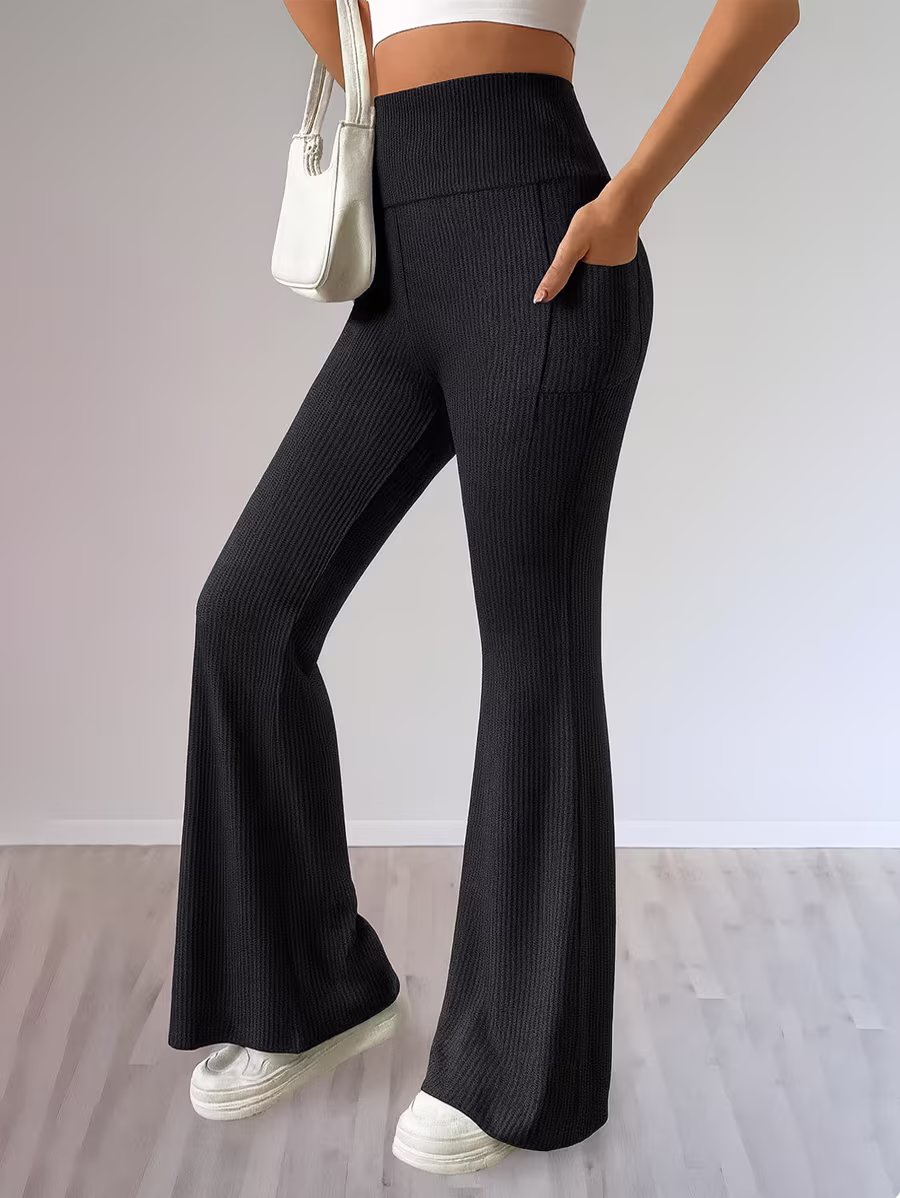 Ribbed Knit Flare Pants With Pocket – Black