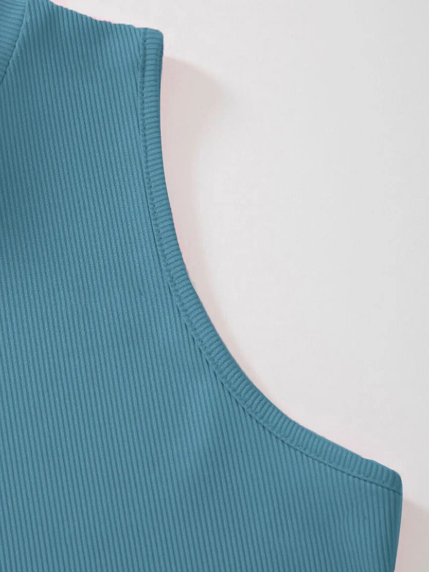 Rib Knit Crop Tank Top Mock Neck – Teal Blue