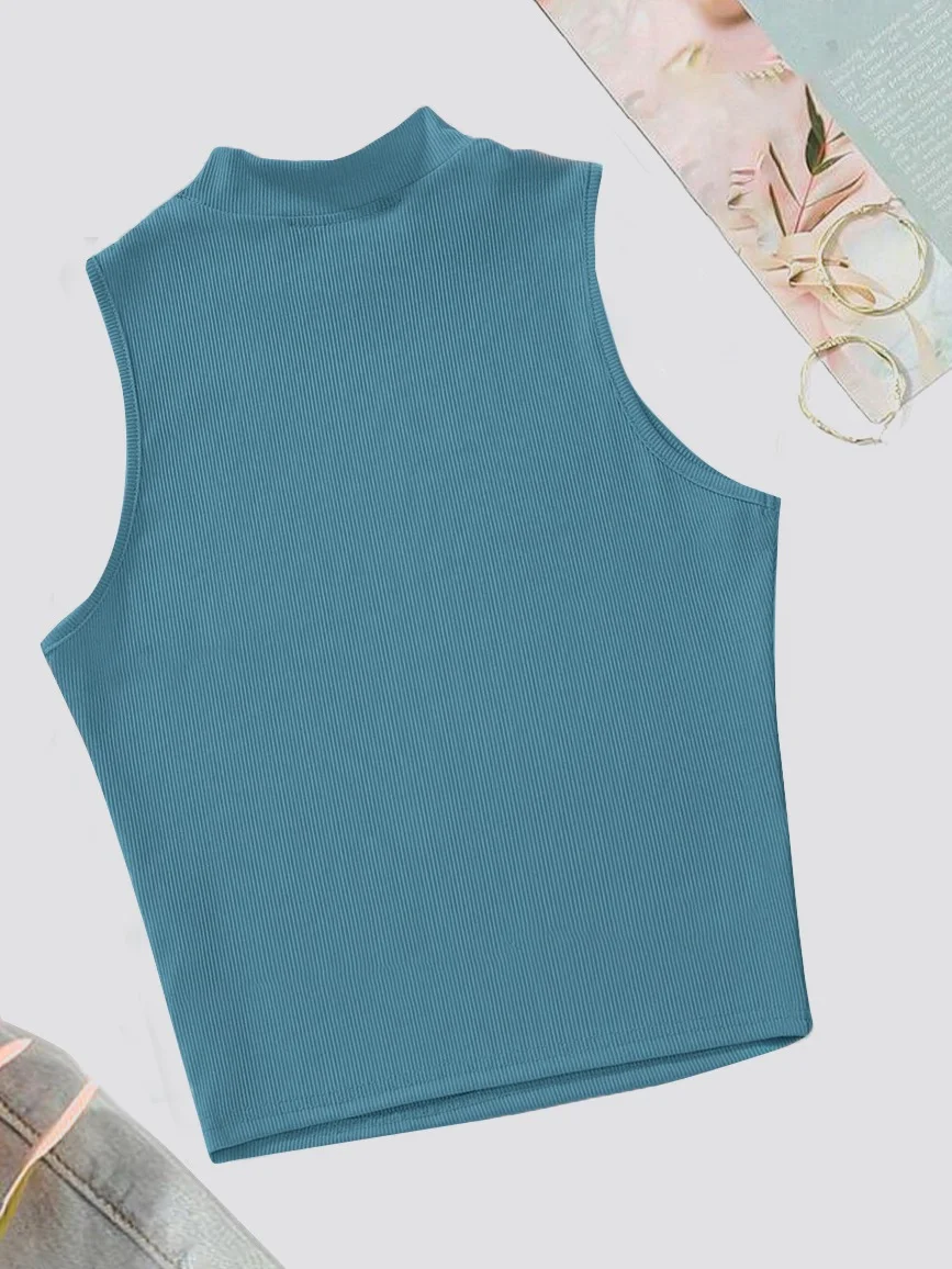 Rib Knit Crop Tank Top Mock Neck – Teal Blue