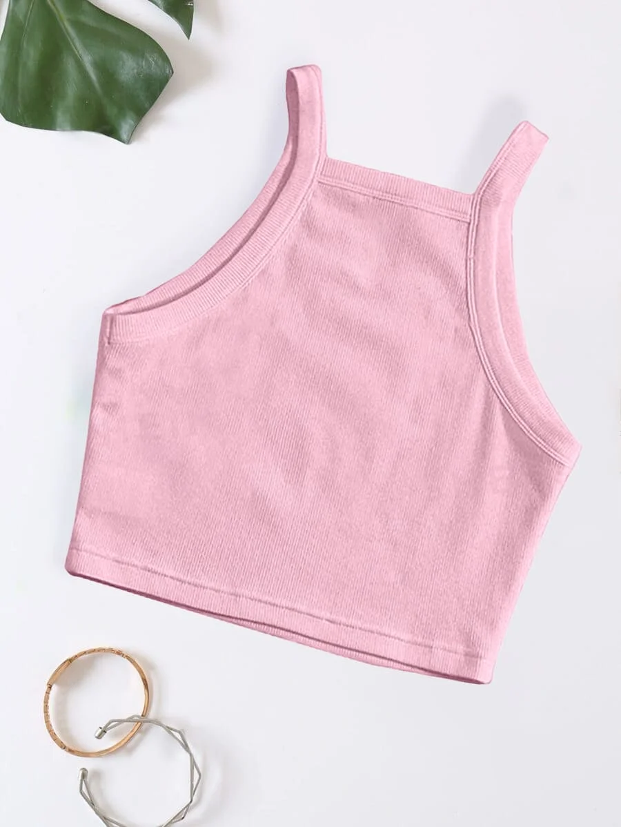 Rib knit Crop Top Spaghetti Strap – Pink