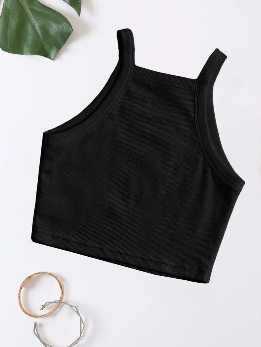 Rib knit Crop Top Spaghetti Strap – Black