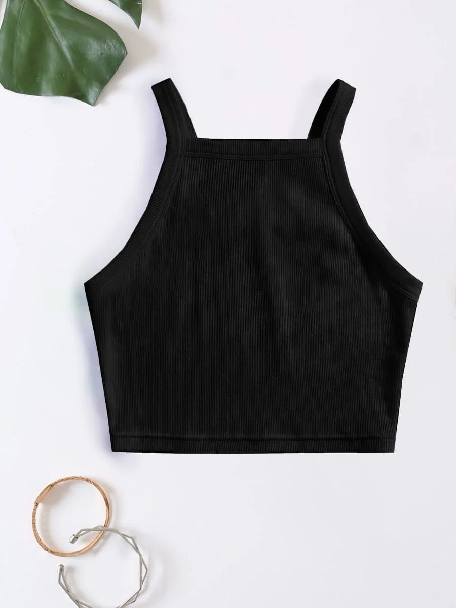 Rib knit Crop Top Spaghetti Strap – Black