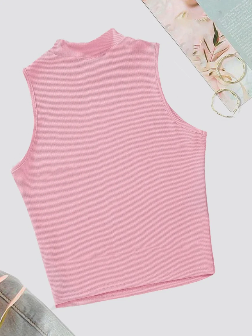 Rib Knit Crop Tank Top Mock Neck – Pink