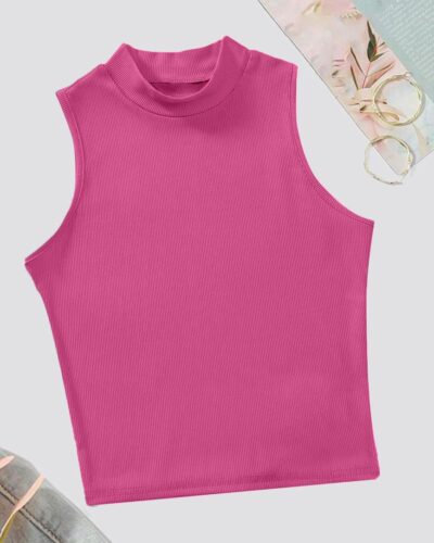 Rib Knit Crop Tank Top Mock Neck – Fuchsia