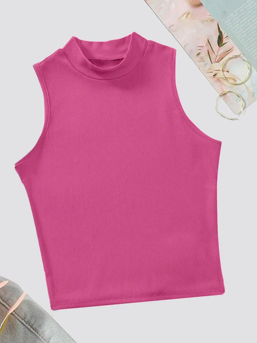 Rib Knit Crop Tank Top Mock Neck – Fuchsia