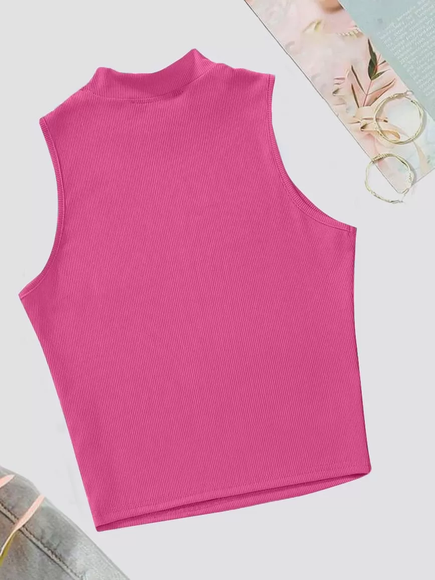 Rib Knit Crop Tank Top Mock Neck – Fuchsia