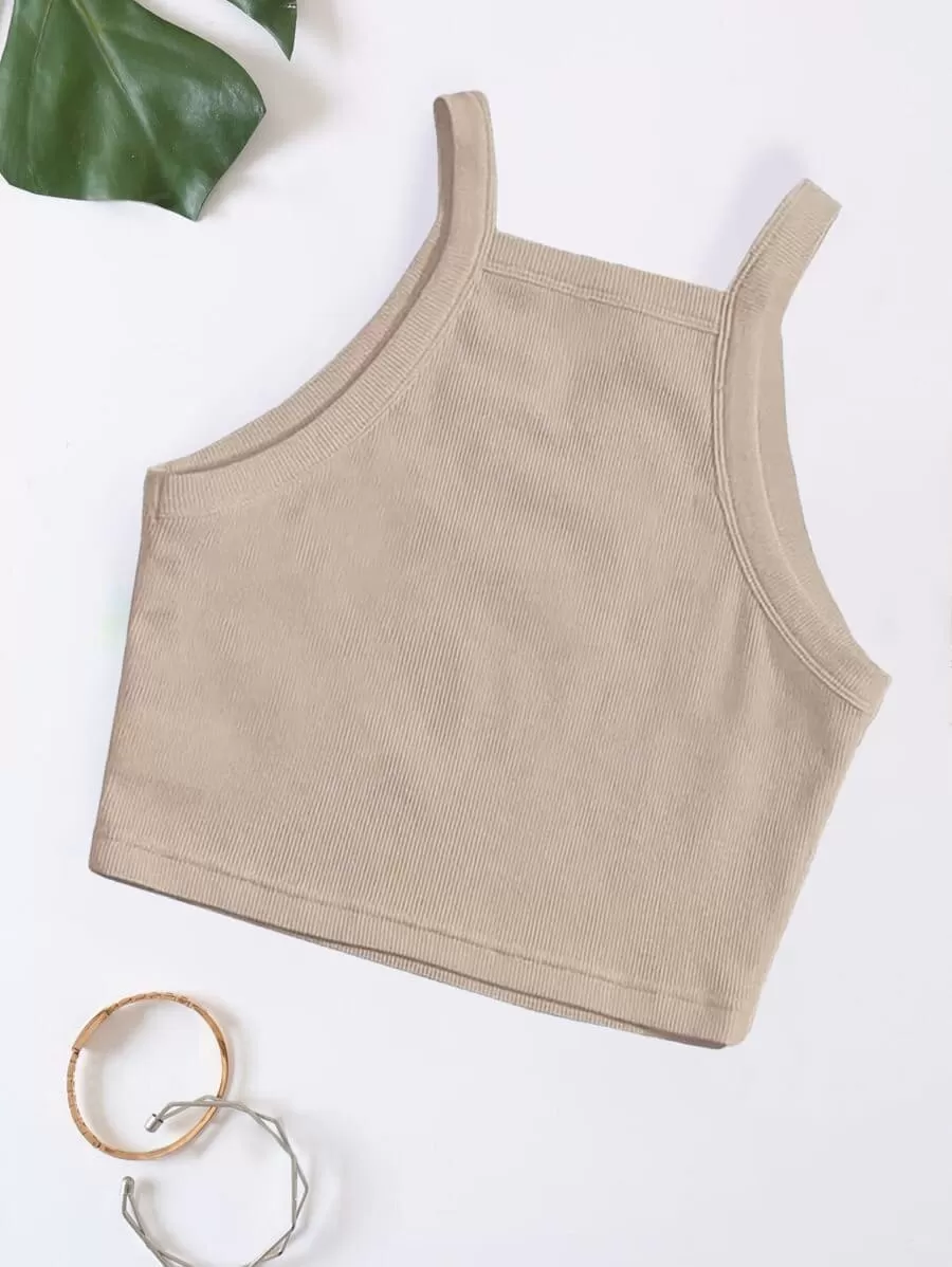 Rib knit Crop Top Spaghetti Strap – Coffee