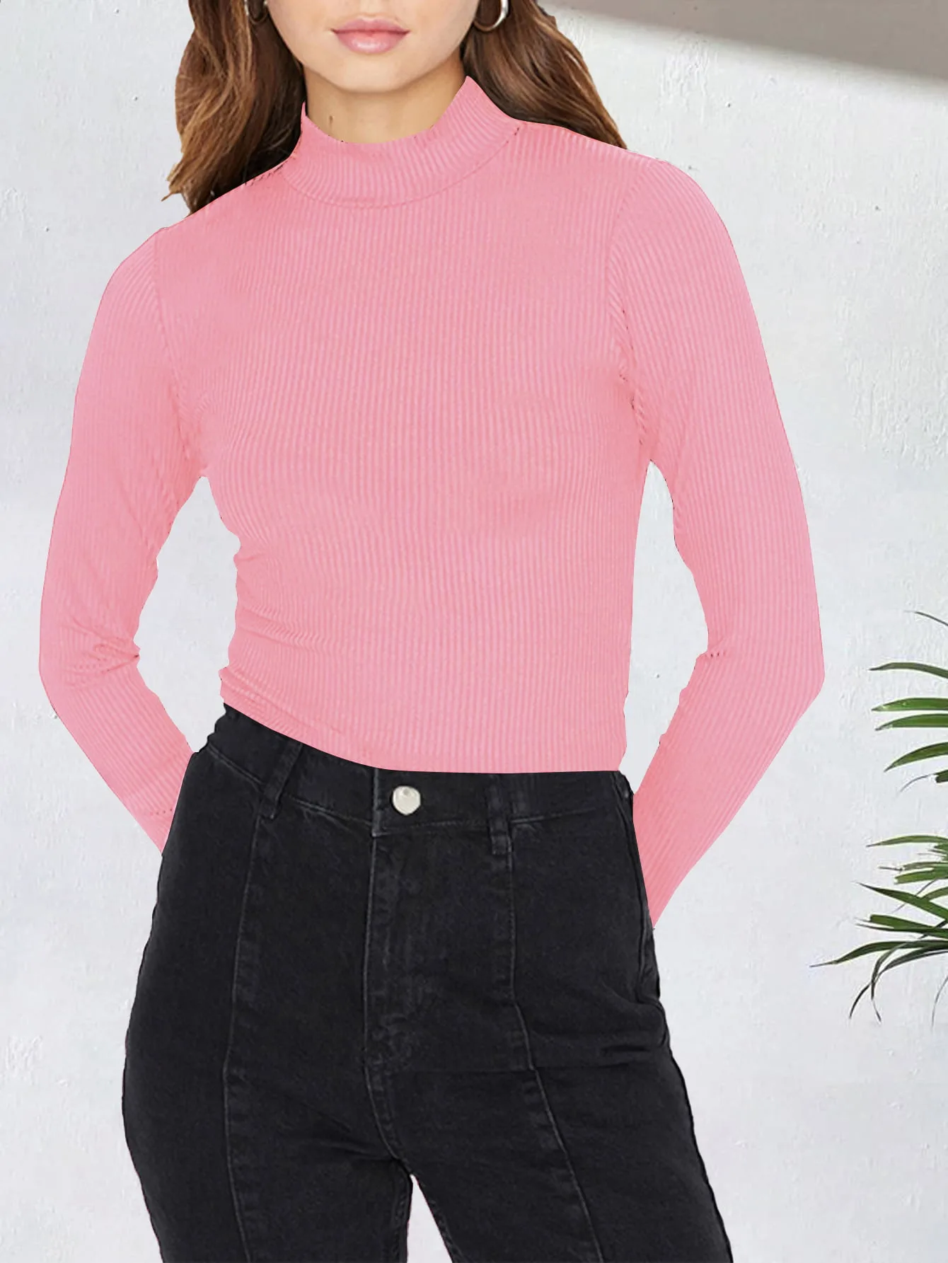 Ribbed Long sleeve Top – Mock neck – Pink