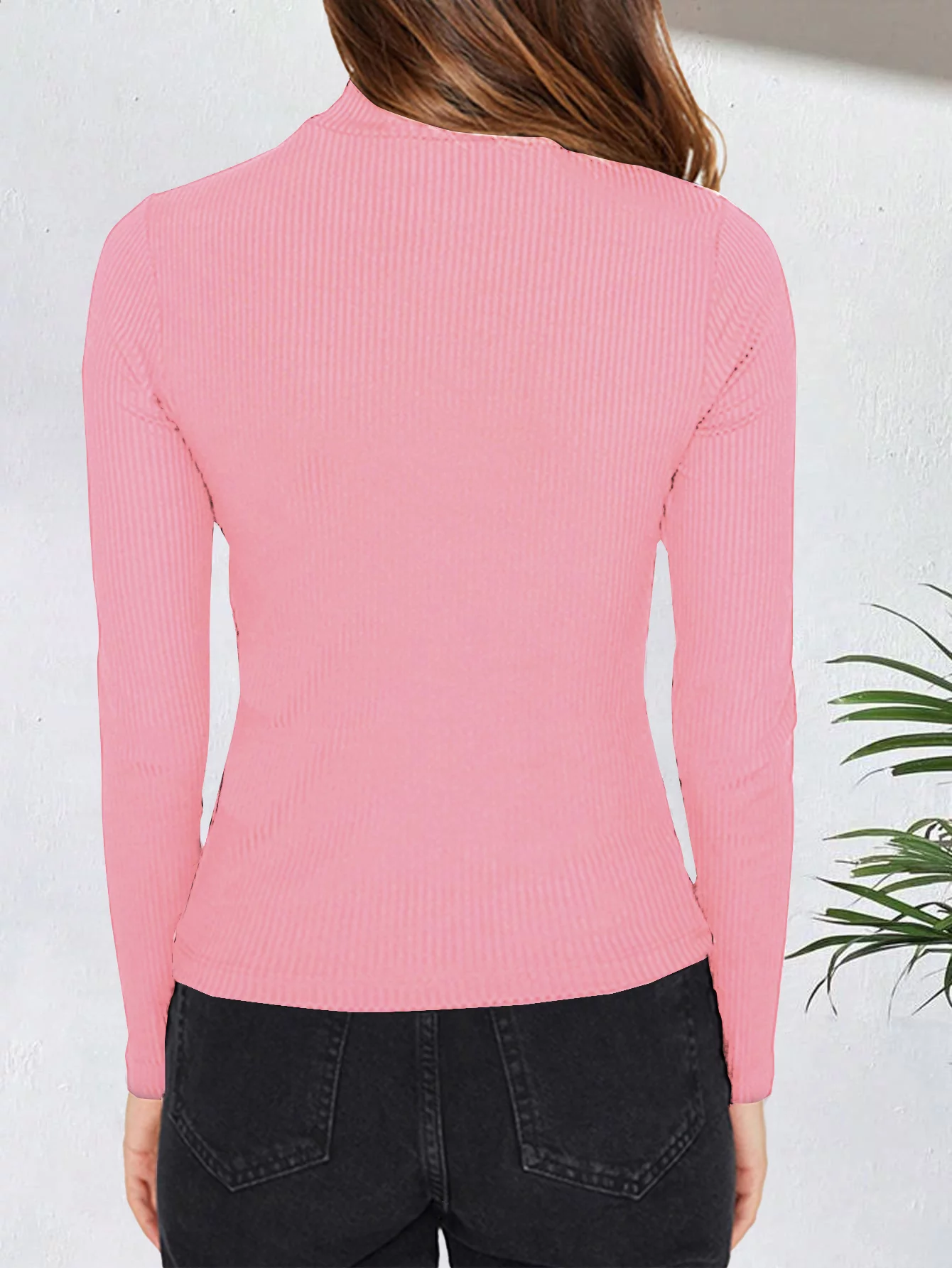 Ribbed Long sleeve Top – Mock neck – Pink