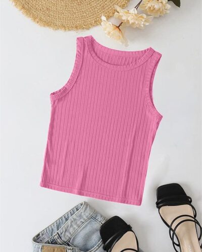 Ribbed Knit Top Crew Neck – Pink