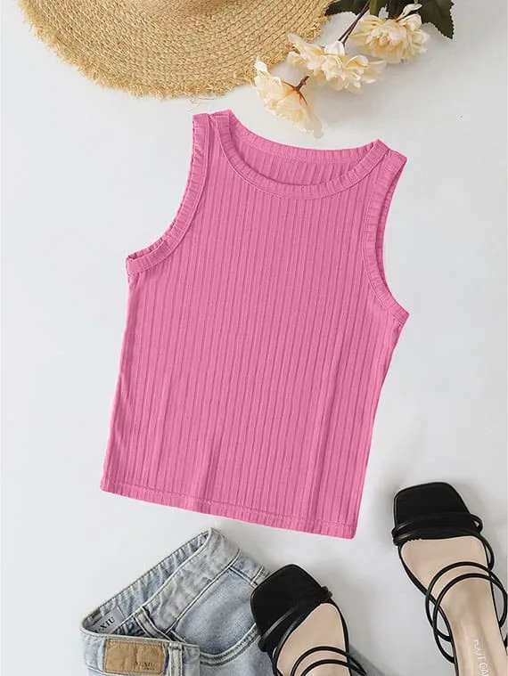 Ribbed Knit Top Crew Neck – Pink