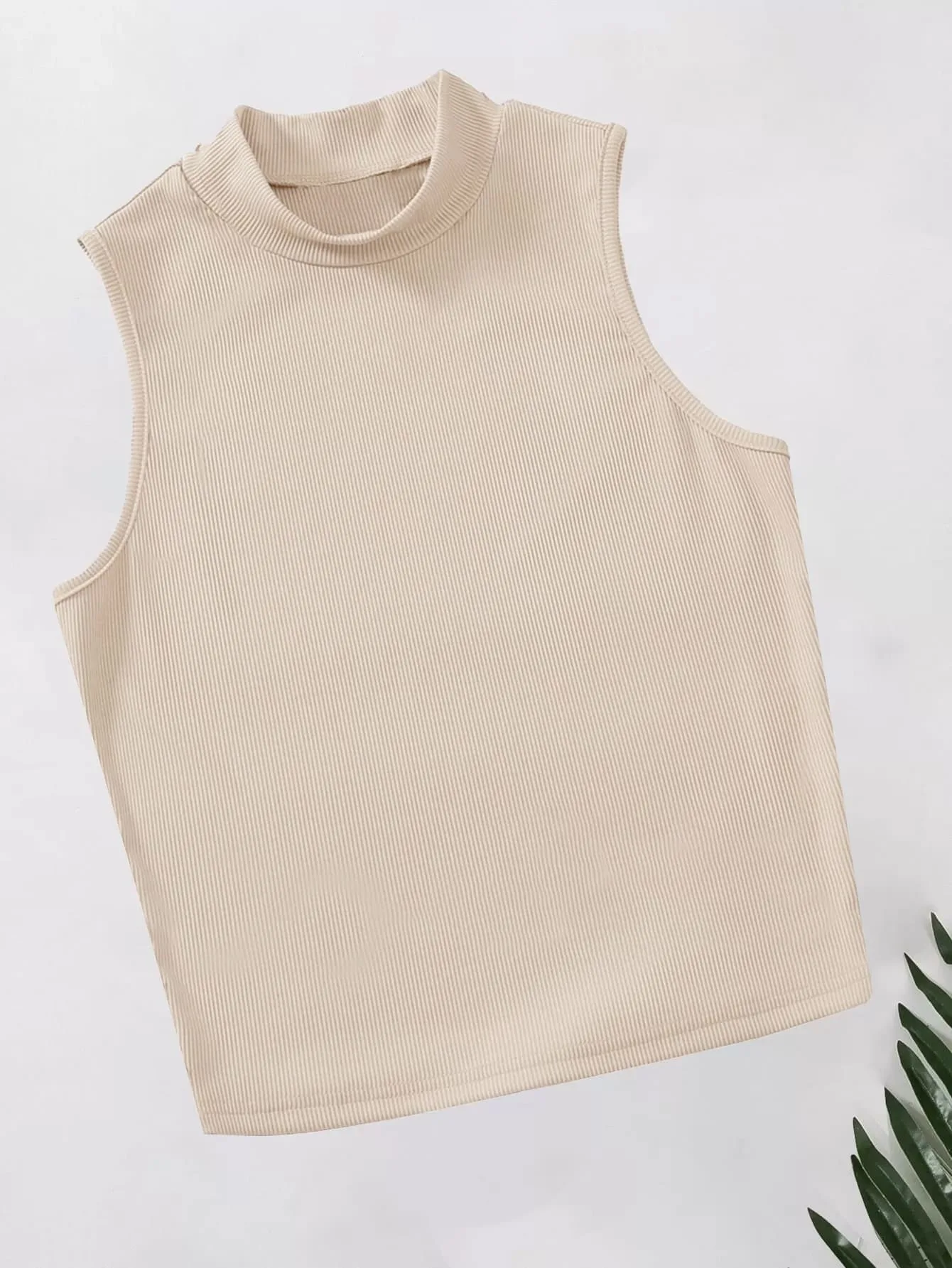 Rib Knit Crop Tank Top Mock Neck – Beige