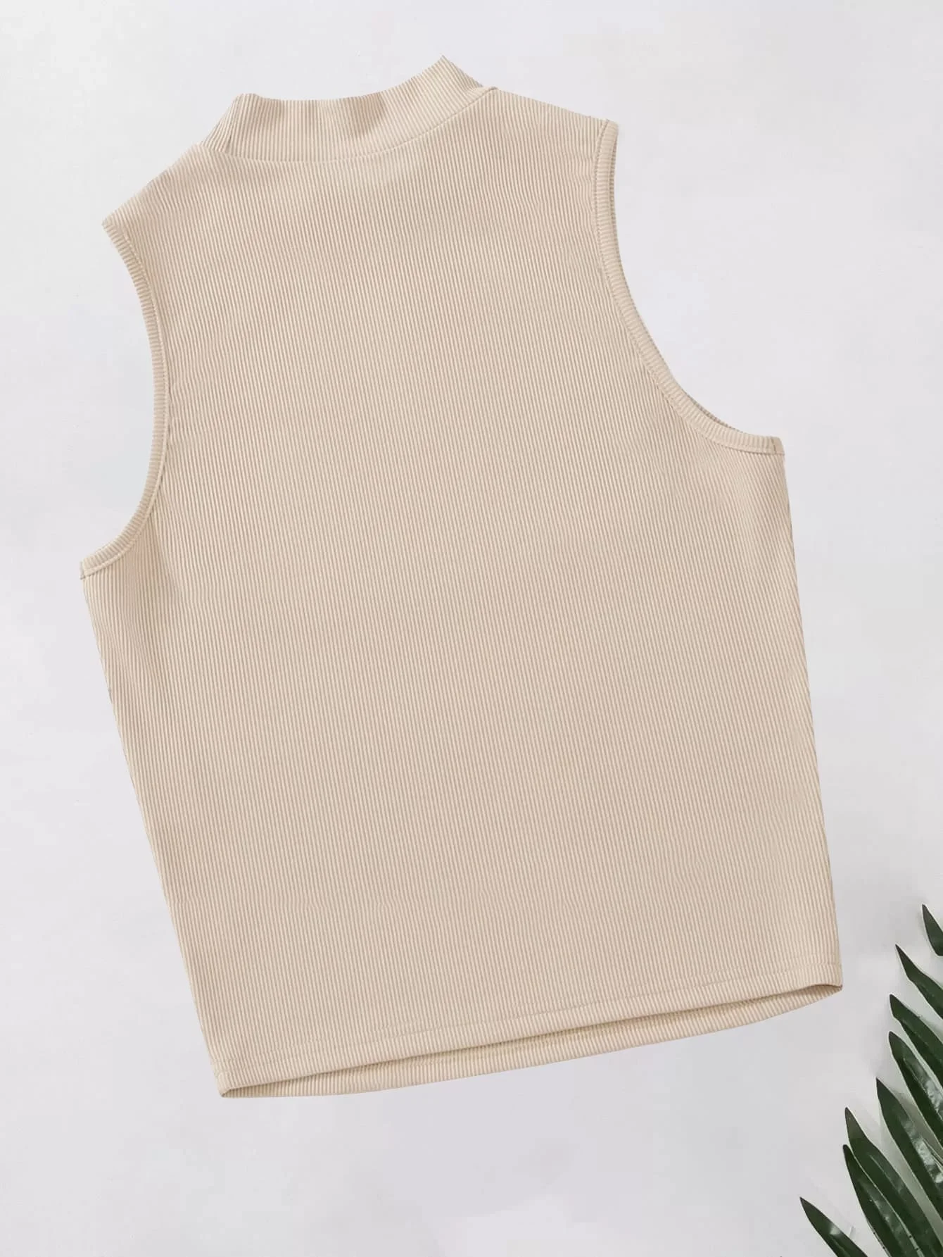 Rib Knit Crop Tank Top Mock Neck – Beige