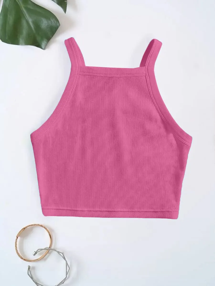 Rib knit Crop Top Spaghetti Strap – Fuchsia