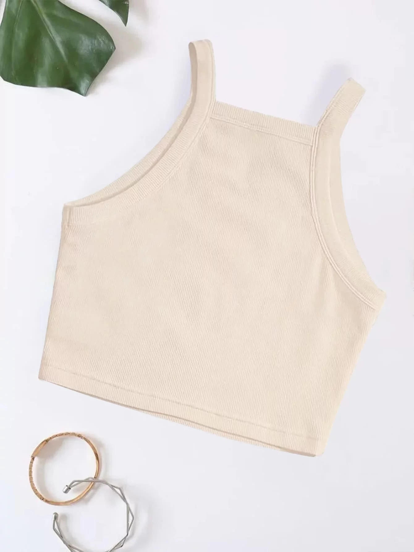 Rib knit Crop Top Spaghetti Strap – Beige