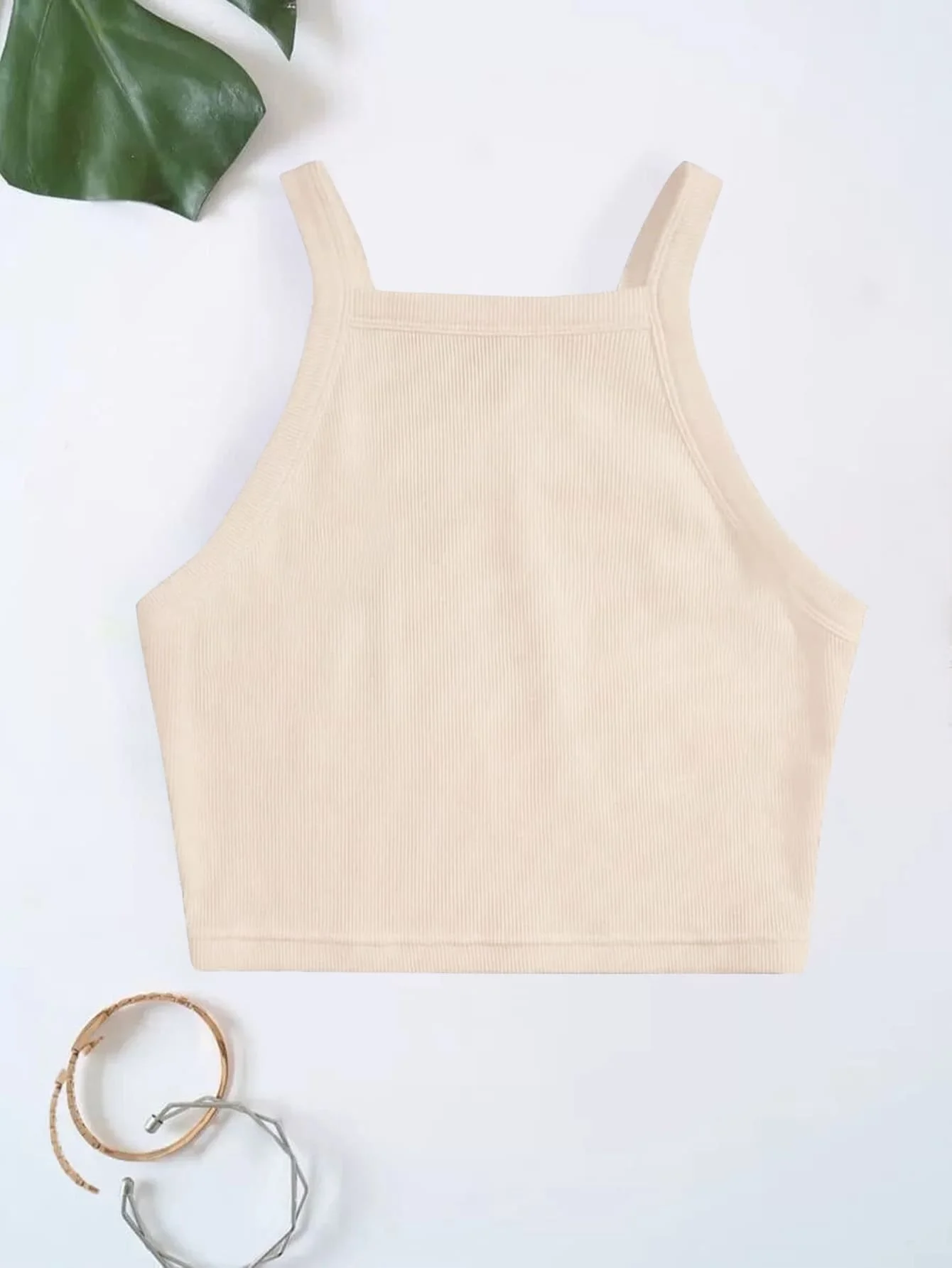 Rib knit Crop Top Spaghetti Strap – Beige