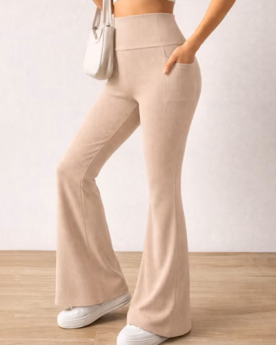 Ribbed Knit Flare Pants With Pocket – Coffee