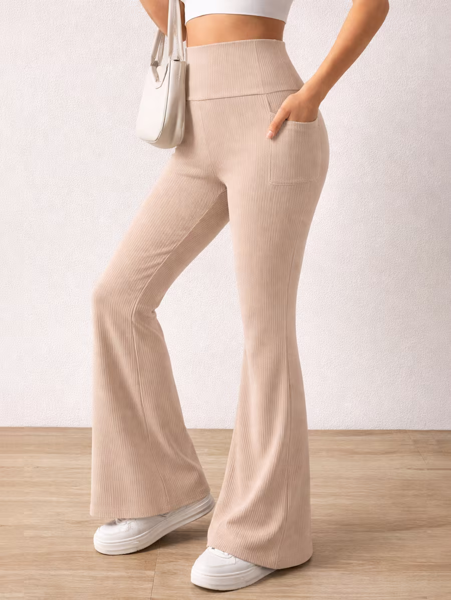 Ribbed Knit Flare Pants With Pocket – Coffee