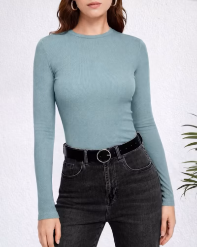 Ribbed Top Crew Neck Long Sleeve – Mint Green