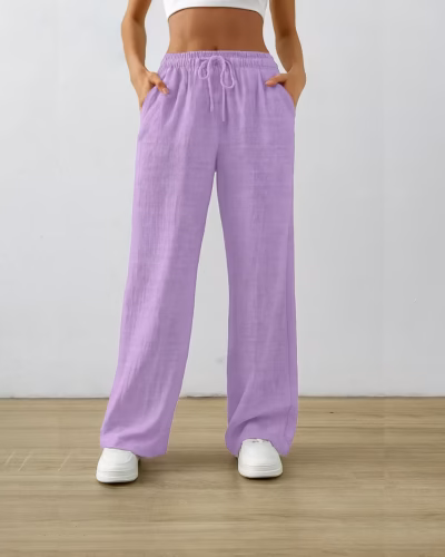 Linen Pants Wide Leg – Drawstring – Casual Trousers Lavender