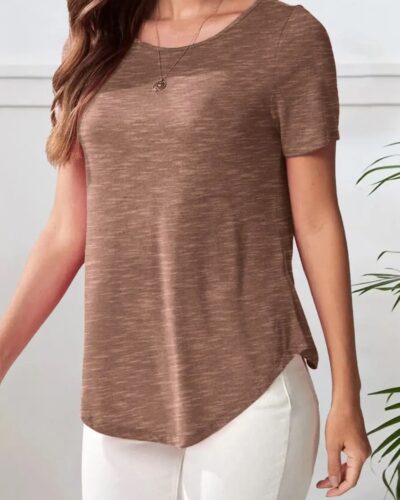 Casual Half Sleeve Top Curved Hem – Coffee