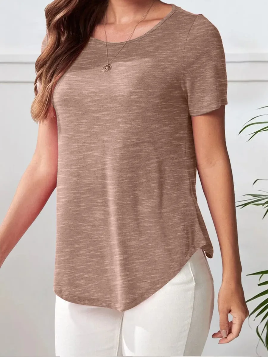 Casual Half Sleeve Top Curved Hem – Coffee