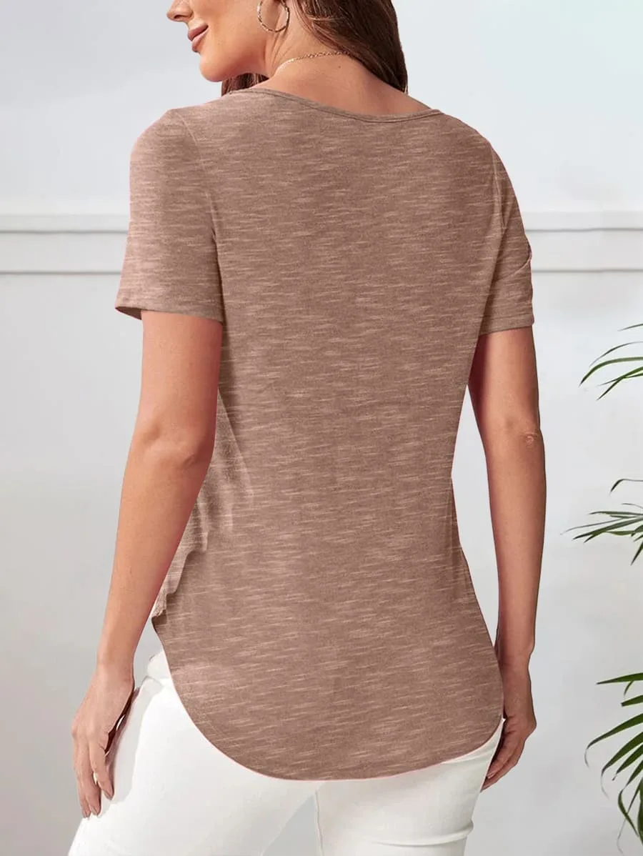 Casual Half Sleeve Top Curved Hem – Coffee