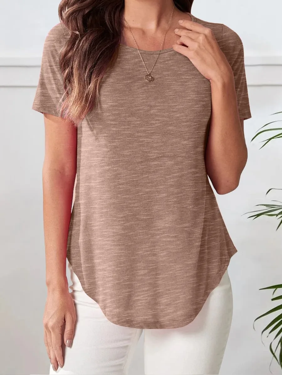 Casual Half Sleeve Top Curved Hem – Coffee