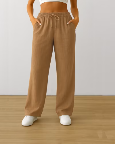 Linen Pants Wide Leg – Drawstring – Casual Trousers Coffee
