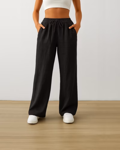 Linen Pants Wide Leg – Drawstring – Casual Trousers Black
