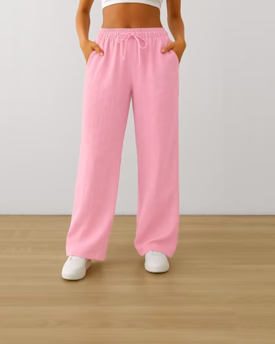 Linen Pants Wide Leg – Drawstring – Casual Trousers Pink