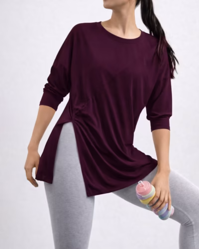 Sports long T-shirt side slit – Eggplant