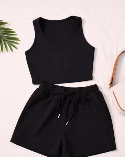 Scoop Neck Crop Tank Top & Shorts Set – Black