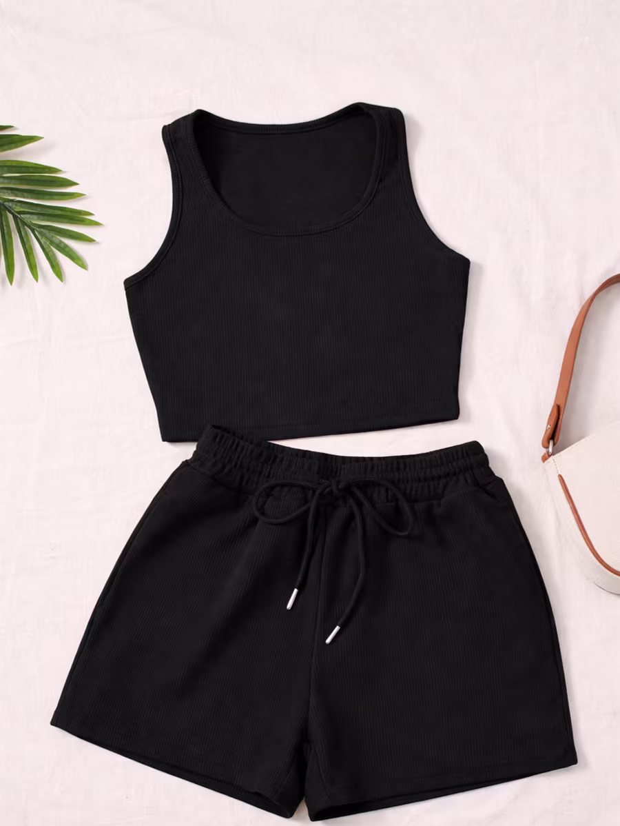 Scoop Neck Crop Tank Top & Shorts Set – Black