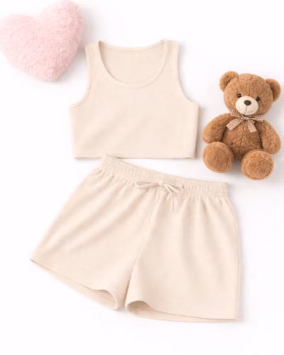 Rib Crop Tank Top & High waisted Shorts Set – Beige