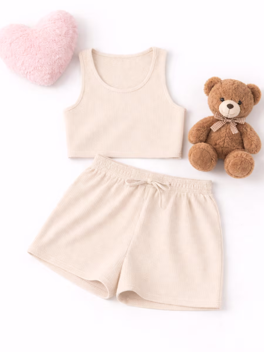 Rib Crop Tank Top & High waisted Shorts Set – Beige