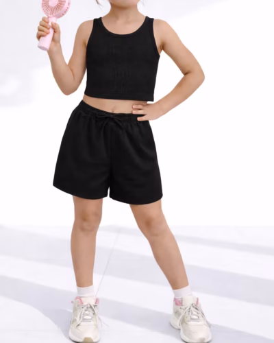 Casual Outfit Set Rib Tank Top & Shorts – Black